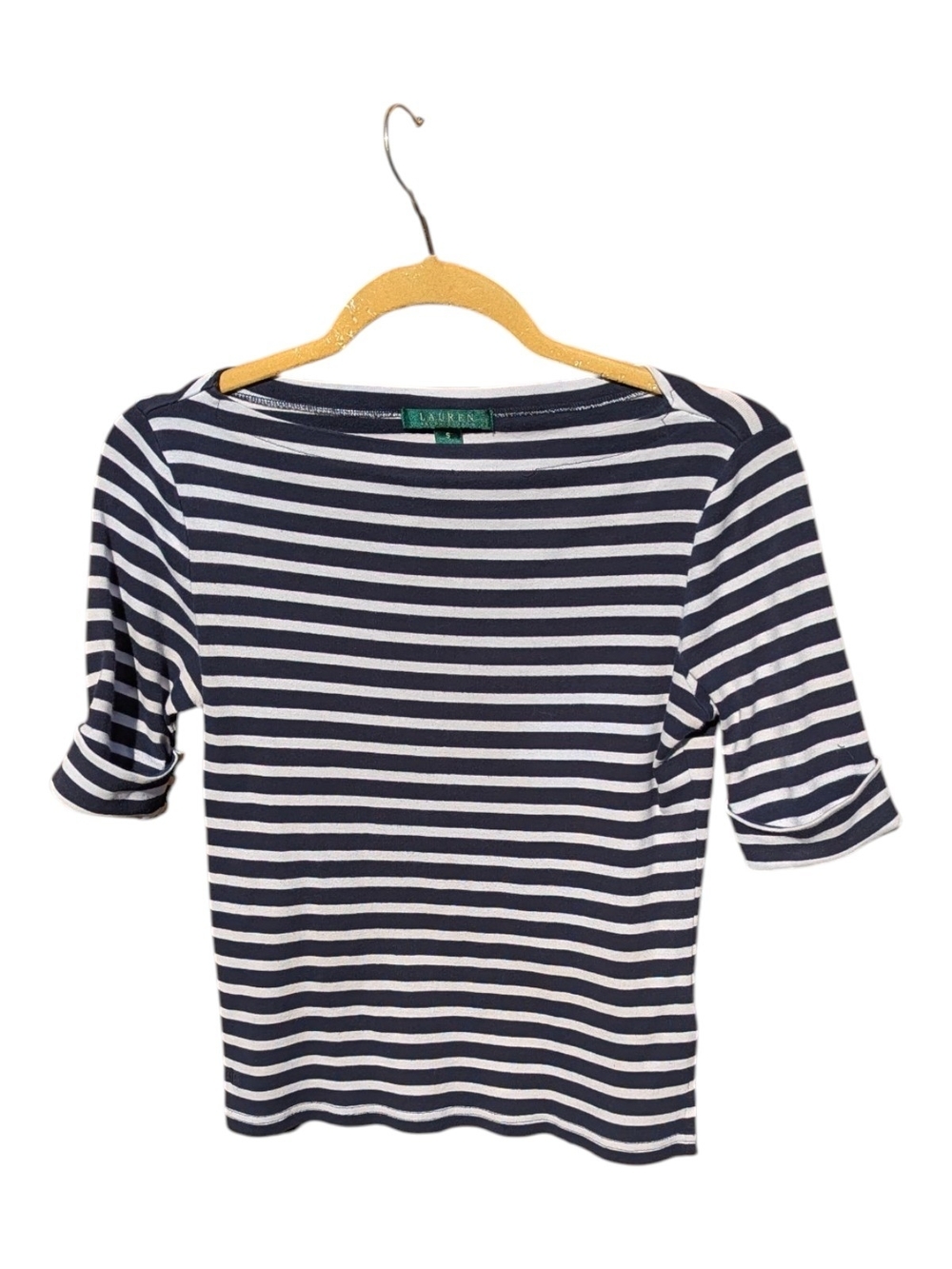 Lauren Ralph Lauren Navy Striped Boatneck Top Coastal Grandmother Nautical S - Picture 6 of 10
